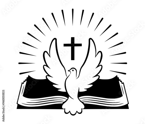 Open Bible with a Dove and Cross Above, Rays of Light, Christianity, the Holy Spirit, Sacred Scripture, Divine Revelation, Faith in God