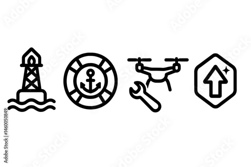 Buoy-tech icons linking lamp, ring, wrench, and badge