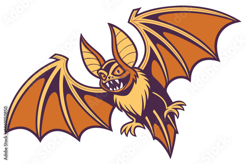 61 Stylized bat illustration, large pointed ears, wide-spread wings, orange and brown color scheme, symmetrical design, fierce expression, cartoon style, vector art, Halloween themed, detailed wing me