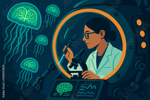 Flat marine-science scene with glowing jellies, sub porthole, and research screens