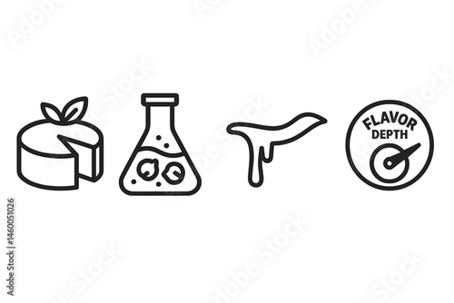 Plant-cheese icons merging wheel, flask, ribbon, and dial