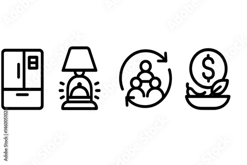 Food-save icons linking radar, lamp, arrow, and coin