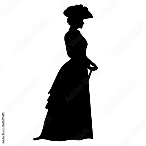 Silhouette of a Victorian Lady in Long Gown and Hat, Holding Parasol, 19th Century Fashion, Historical Elegance, Feminine Grace, Period Costume Style, Vintage Cultural Aesthetics