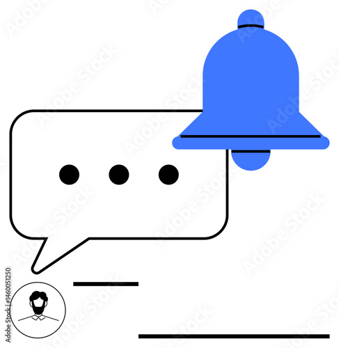 Blue notification bell over speech bubble with ellipses, emphasizing communication, announcement, and alert. Ideal for messaging, updates, notifications, reminders, alerts user interaction flat