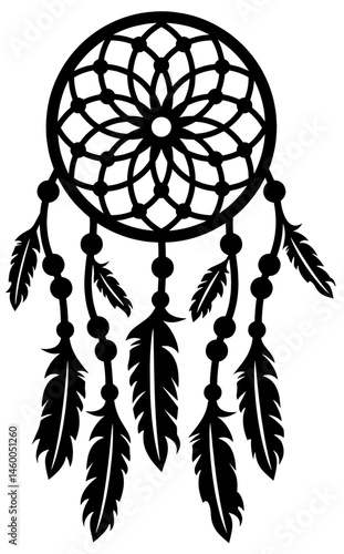 Dreamcatcher Silhouette with Feathers and Beads, Spiritual Protection, Native American Culture, Positive Energy, Nightmare Prevention, Inner Peace