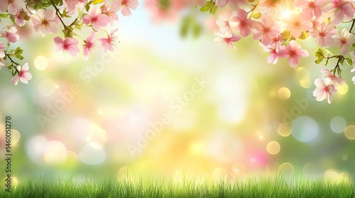 Cherry Blossom Tree Branches With Pink Flowers Over Green Grass Background
