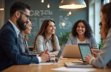 Group of diverse businesspeople working together in modern office setting. Team members collaborate, discussing ideas. Smiling, happy people use laptops at meeting table. Teamwork, communication,