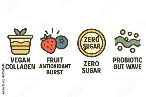 Pudding-health icons merging cup, burst, badge, and wave