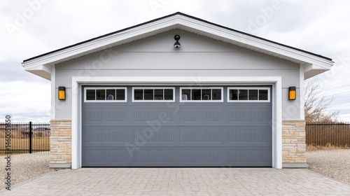 Modern Gray Garage Door with Stone Accents - Contemporary detached garage featuring a sleek gray door, stone accents, and exterior lighting. Modern design, home improvement, security, functionality