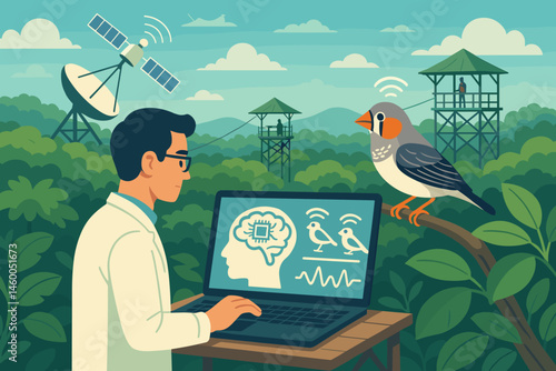 Flat avian-tech scene with canopy tower, antenna dish, and finch cages