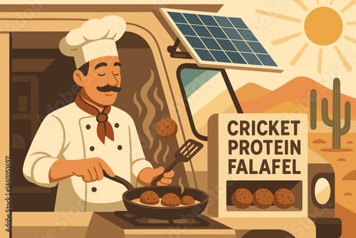 Flat alt-protein scene with cricket falafel balls, solar roof, and desert cliffs