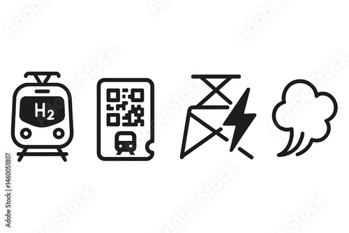 Rail-green icons merging train, ticket, pantograph, and exhaust-free puff