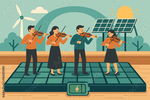 Flat music-green scene with kinetic tiles, orchestra, and soft lights