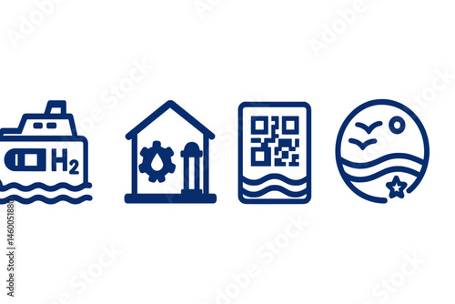Ferry-H₂ icons linking tank, electrolyzer, ticket, and badge