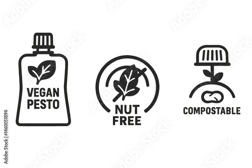 Pesto-eco icons merging pouch, leaf, badge, and cap