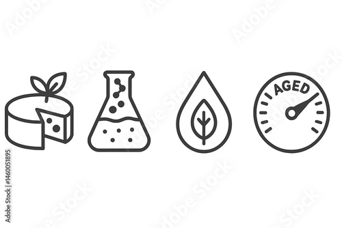 Plant-cheese icons merging wheel, flask, drop, and dial