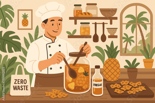 Flat upcycle-food scene with jars, pineapple peels, and jungle view