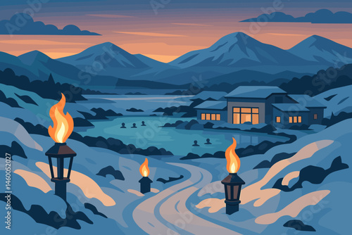 Flat wellness-tech scene with spas, torches, and pastel sky