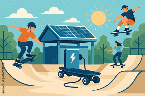 Flat sport-tech scene with PV canopy, charging racks, and skaters mid-air