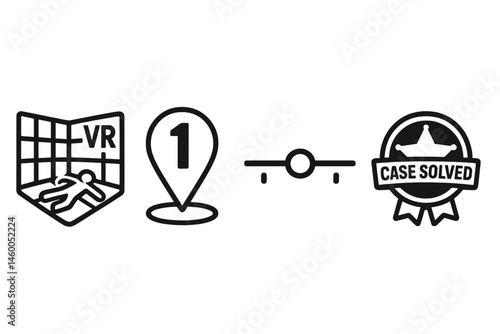 Crime-VR icons merging grid, pin, timeline, and badge