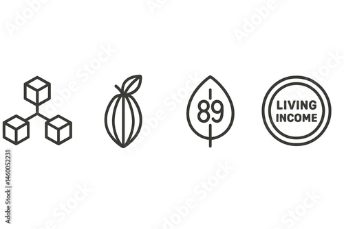 Fair-trade icons linking cube, bean, score, and income coin