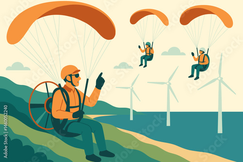 Flat e-flight scene with paraglider wings, turbines below, and sunset sky