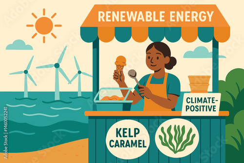Flat eco-dessert scene with kelp caramel swirl, turbine backdrop, and tasting spoons