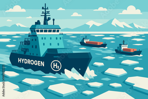 A flat clean-shipping scene features an H₂ icebreaker, barges, and white floes in the water