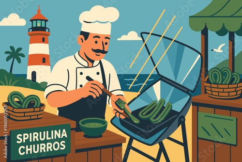 A flat dessert setting includes green churros, solar-inspired glass, and a lighthouse in the scene