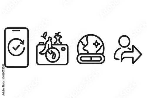 Eco-habit icons tying diary, camera, game bar, and share