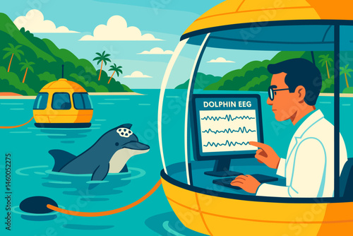 Flat neuro-ocean scene with EEG pads, lab pod screens, and dolphins
