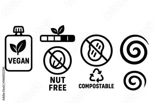 Eco and pesto icons are merged into a single image featuring a pouch, meter, badge, cap, and swirl pattern