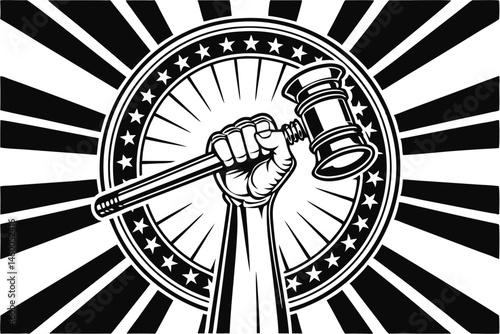 62 Black and white illustration, raised fist holding a gavel, circular design, radiating lines background, power symbol, justice concept, revolution imagery, strong contrast, vintage propaganda style,