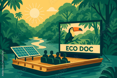 The scene is set with a tranquil green area, accompanied by a photovoltaic barge, a big screen, and dense jungle banks