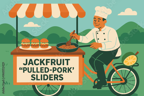 Flat street-food scene with bike blender, jackfruit shreds, and curious passers-by