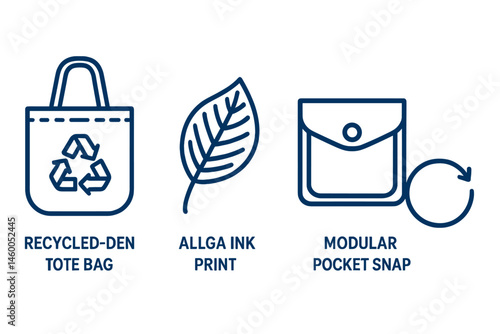 The merging of denim-eco icons includes tote, ink leaf, pocket, and loop elements