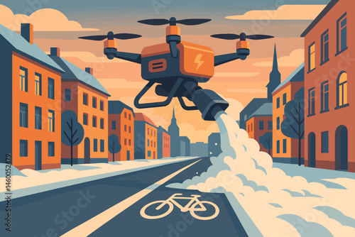 A flat winter scene features a drone plow, symbols of bikes, and a sky with pastel hues