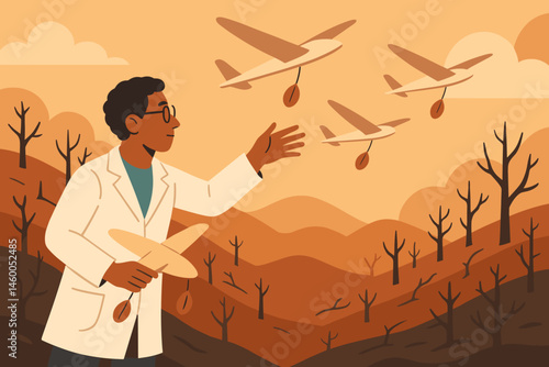 The scene depicts a flat area with airborne reforestation features, such as glider wings, seed pods, and slopes covered in char