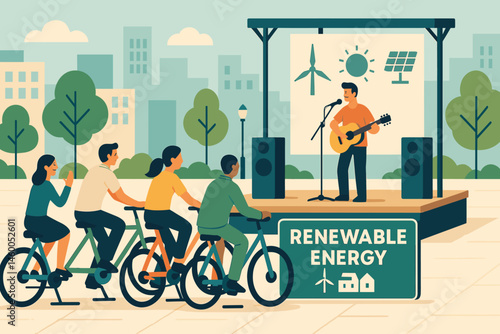 Flat music-green scene with cyclists, stage amps, and city backdrop