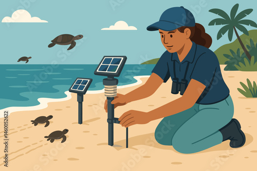 Flat turtle-aid scene with reef lights, hatchlings crawl, and diver