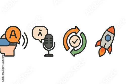 Language-learning icons tying emoji, mic, ring, and rocket
