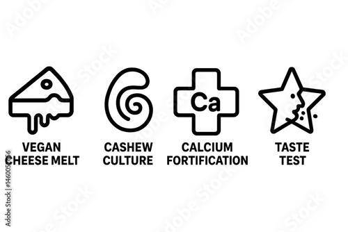 Vegan cheese icons showing melt, culture, calcium, and taste