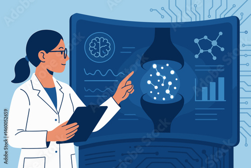 Flat neuro-tech scene with brain mesh, glowing synapses, and dark lab