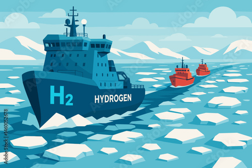 A flat and pristine shipping scene features an H₂ icebreaker, supply ships, and scattered ice floes