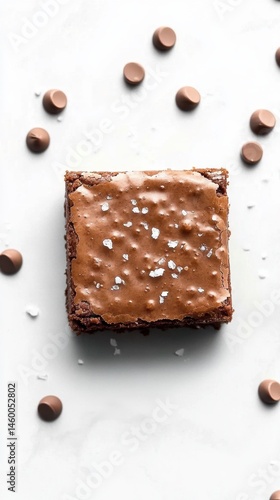 Classic chocolate brownie square topped with sea salt and surrounded by chocolate chips on white

