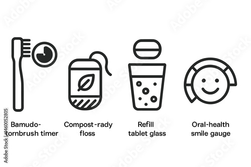 Dental-eco icons joining brush timer, compost floss, refill paste, and smile status