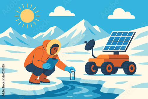Flat cryo-field scene with rover drill, sample vials, and blazing sun on ice sheet