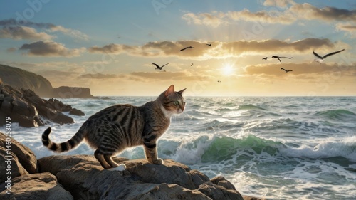 A tabby cat gazes at the sunset over a rocky shore.  Ocean waves crash against the rocks as birds soar in the golden light