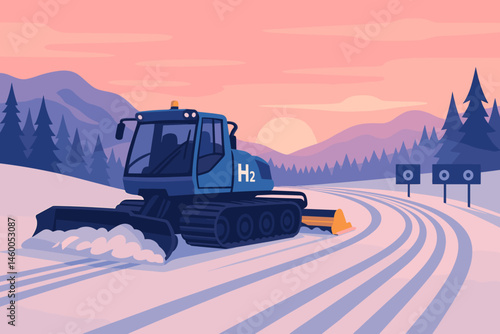 The winter scene is flat and green, featuring a H₂ groomer, rifle targets, and a rosy sky