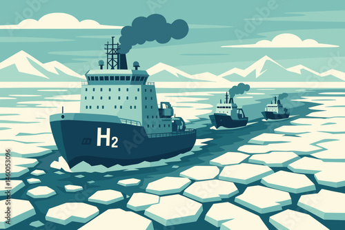 The scene depicts a flat and clean shipping area with an H₂ icebreaker, accompanied by supply ships and ice floes